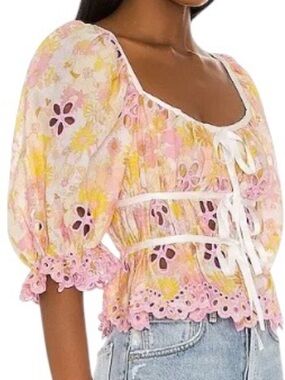 For Love & Lemons Claire blouse floral eyelet embroidery scalloped Bows Feminine